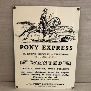 Vintage Ande Rooney 9” x 13” Porcelain & Metal Pony Express Sign 1998 Pls Read